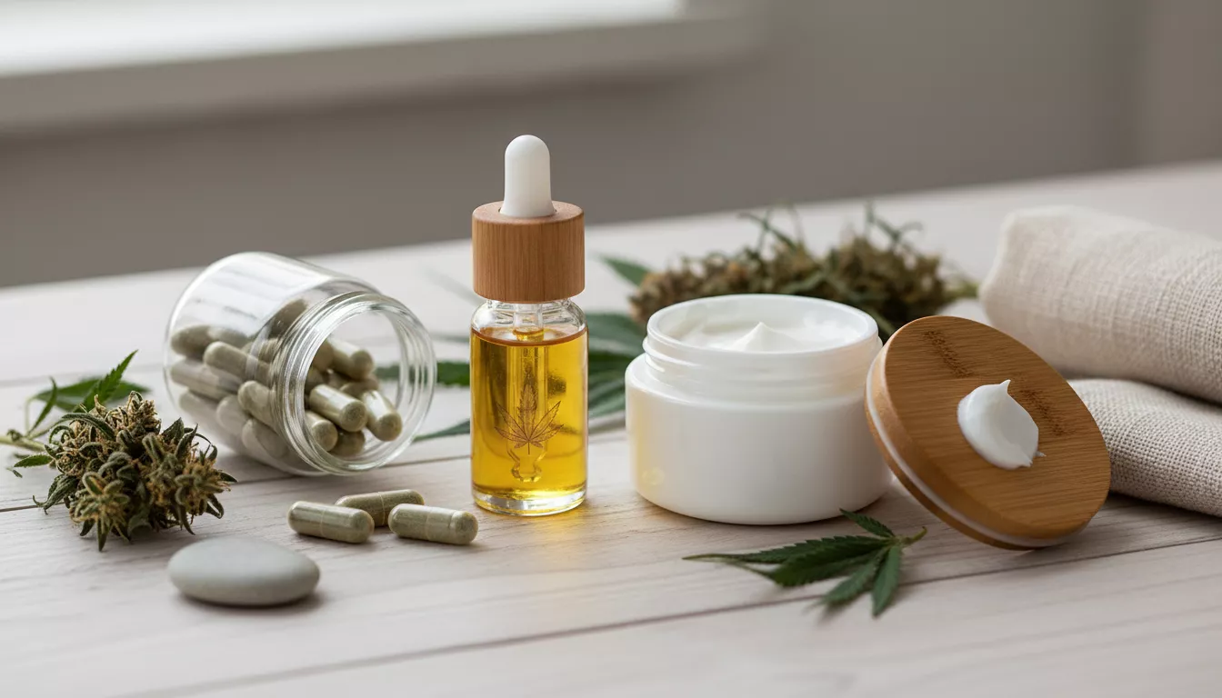 Assortiment de produits à base de CBD pour le soulagement de la douleur, incluant une pipette d'huile, un pot de crème et des gélules, disposés sur une table en bois clair
