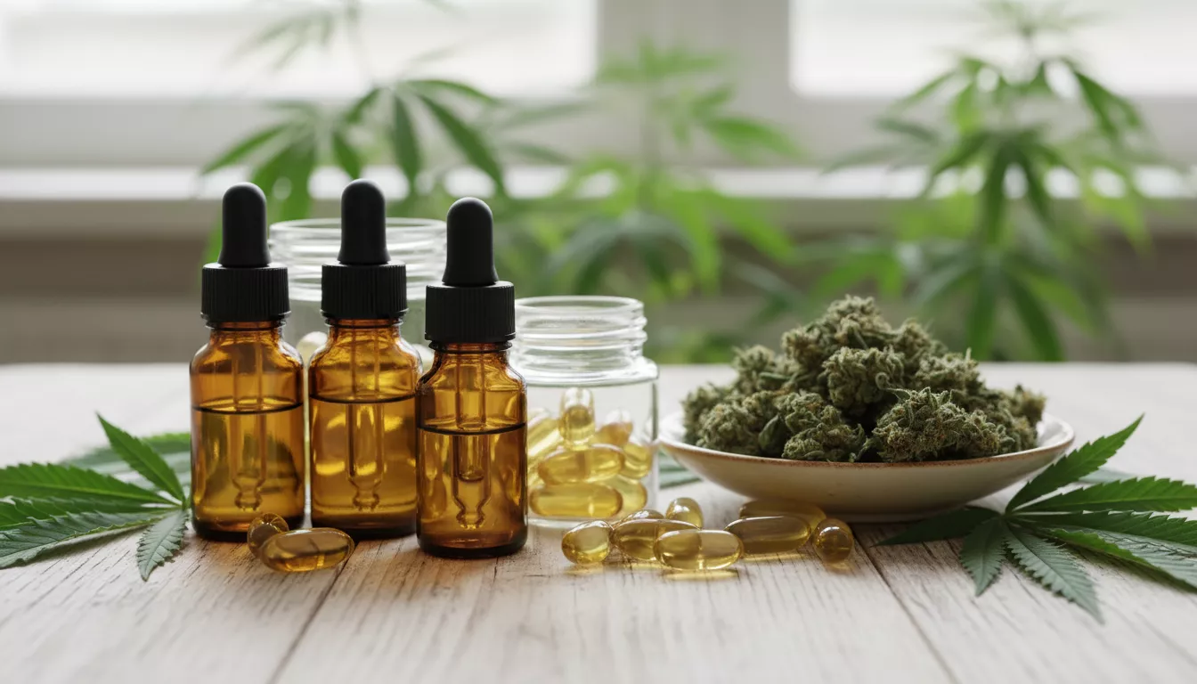 Assortiment de produits CBD variés, incluant des flacons d'huile, des capsules et des fleurs séchées sur une table en bois clair, avec des feuilles de chanvre en arrière-plan.
