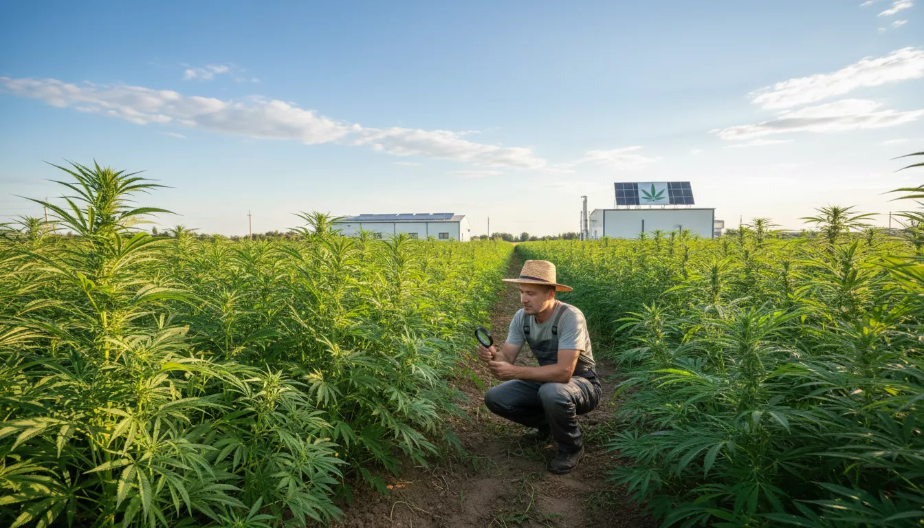 Champ de chanvre industriel verdoyant sous un ciel bleu, avec un agriculteur examinant une plante, soulignant la culture légale du CBD.