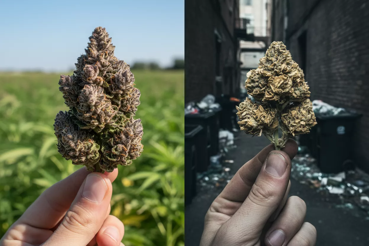 Deux mains, l'une tenant une fleur de CBD parfaite et l'autre une fleur de CBD terne et abîmée, sur un fond contrasté symbolisant la qualité et la contrefaçon.