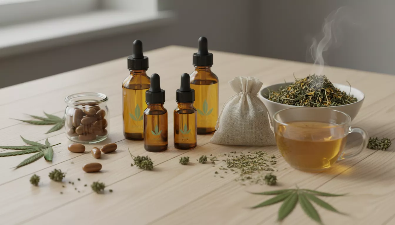 Diverses formes de produits CBD comme des huiles, des gélules et des tisanes disposées sur une table en bois clair.