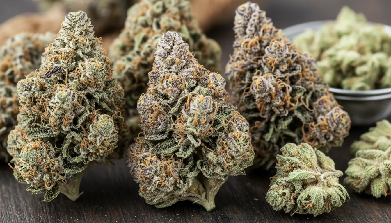 Gros plan sur plusieurs têtes de fleurs de CBD de différentes variétés, certaines avec des pistils oranges et des trichomes brillants, prêtes à être infusées.