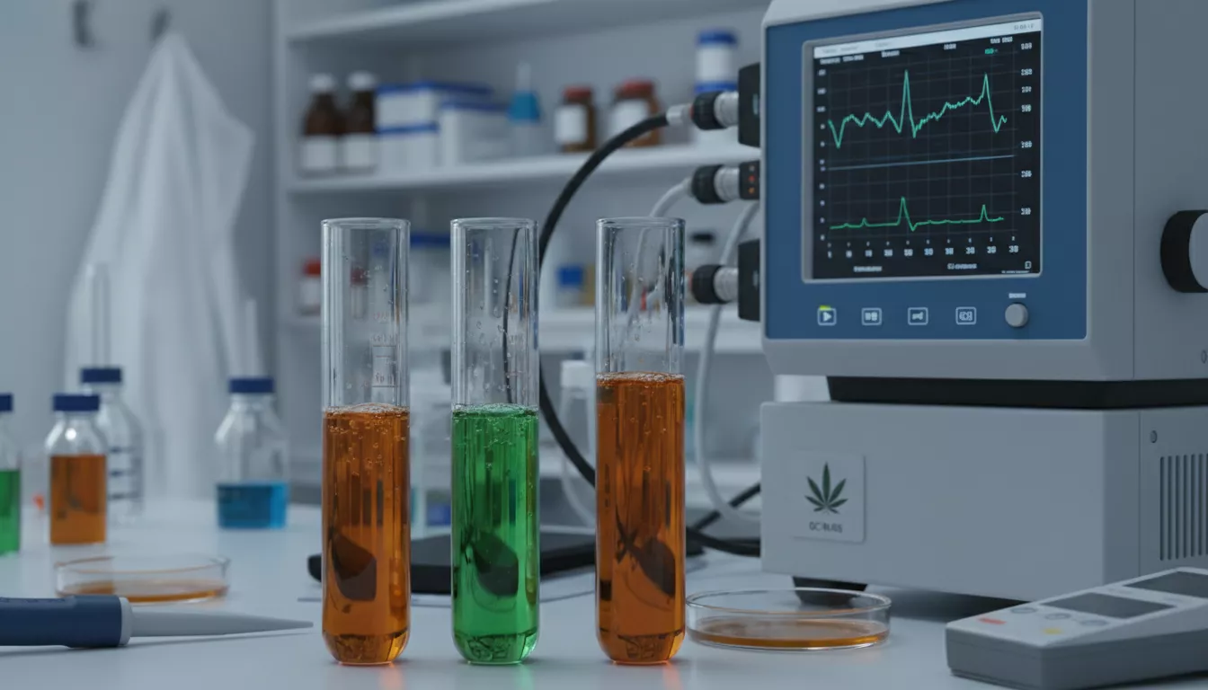 Gros plan sur un laboratoire d'analyse, avec des éprouvettes et un chromatographe, symbolisant le contrôle qualité et la mesure des cannabinoïdes.