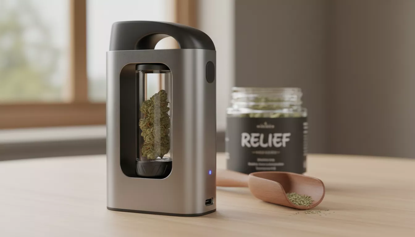 Gros plan sur un vaporisateur portable moderne, contenant des fleurs de CBD finement broyées, prêt à l'emploi sur une table en bois clair.