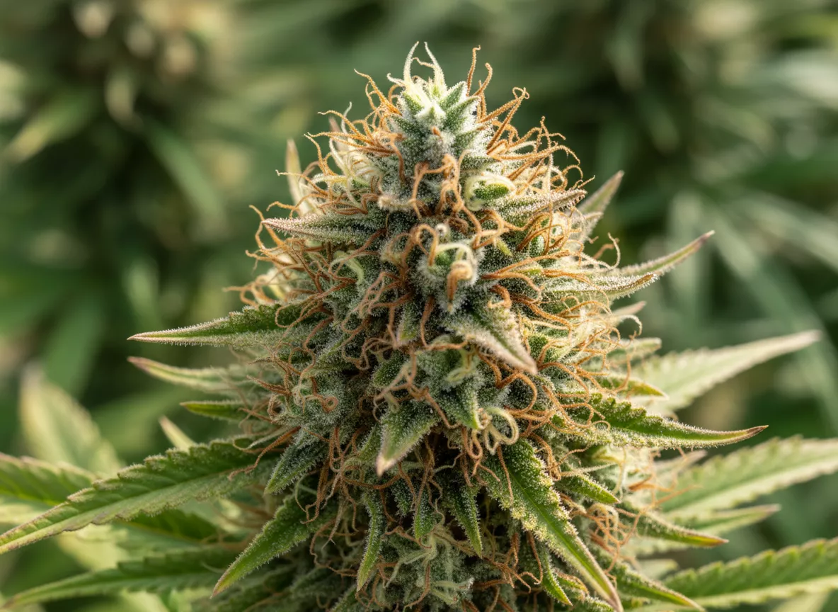 Gros plan sur une fleur de CBD verte et ses pistils, illustrant la qualité naturelle.