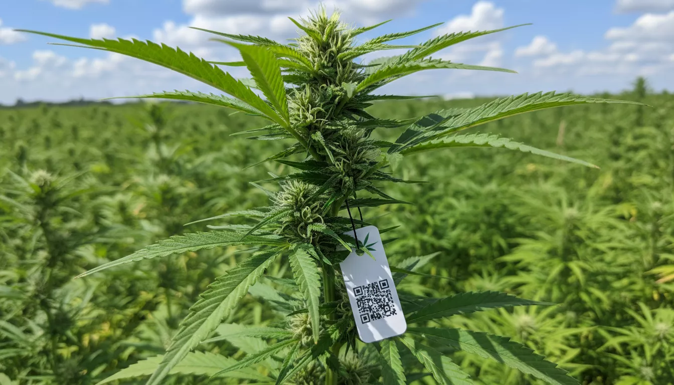 Gros plan sur une fleur de chanvre en pleine croissance dans un champ, avec une étiquette d'identification réglementaire.