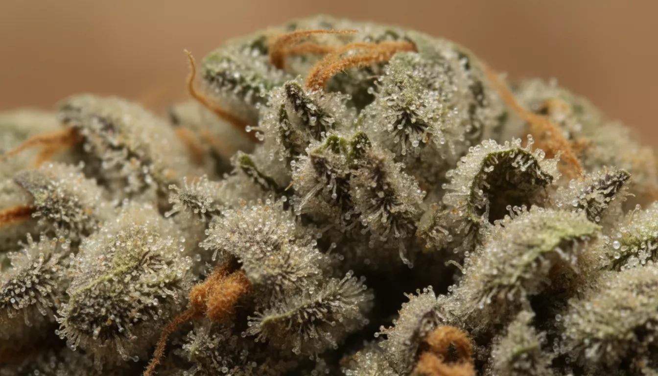 Gros plan sur une fleur de chanvre séchée avec des trichomes cristallins visibles, soulignant la richesse en terpènes et cannabinoïdes