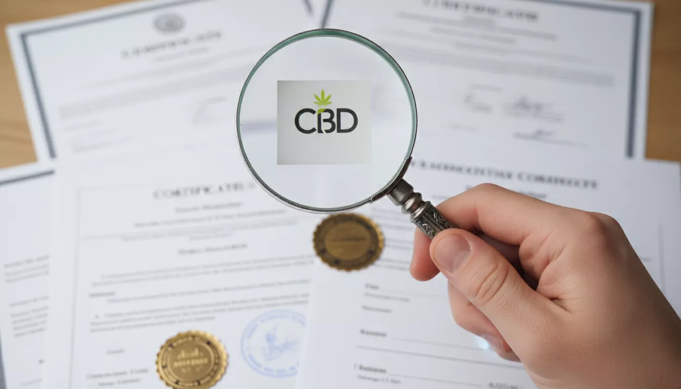 Main tenant une petite loupe pour examiner attentivement une étiquette de produit CBD, avec un arrière-plan flou de documents et de certifications.