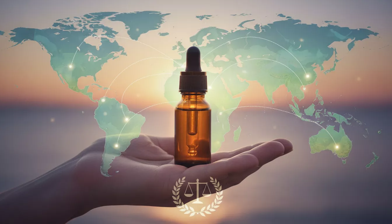 Main d'une personne tenant un flacon d'huile de CBD devant une carte du monde stylisée, symbolisant le voyage international et la légalité