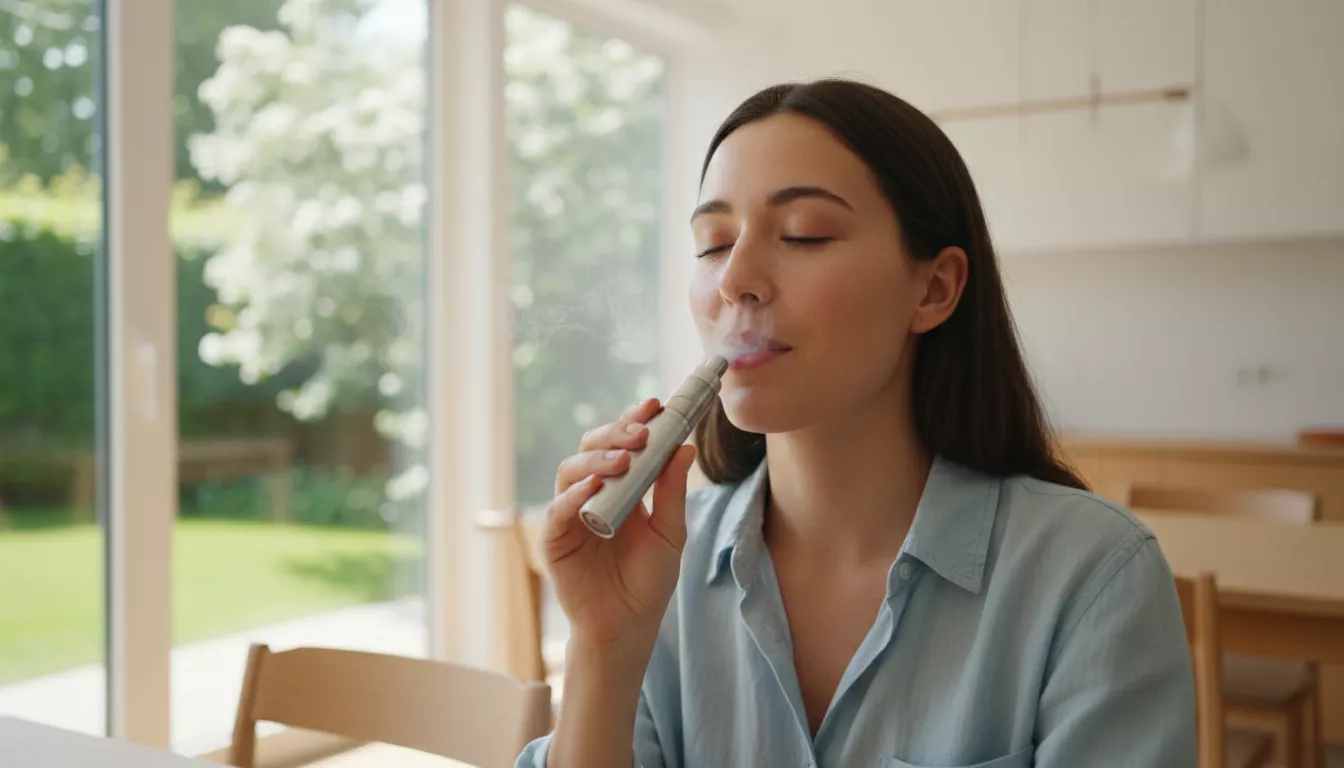 Personne exhalant une douce et fine vapeur d'un vaporisateur, le visage apaisé et l'expression sereine, dans un environnement lumineux et naturel.