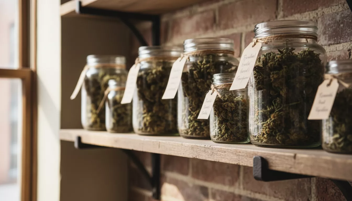 Plusieurs bocaux en verre de différentes tailles avec des étiquettes manuscrites, contenant des fleurs de CBD séchées, rangés proprement sur une étagère en bois.