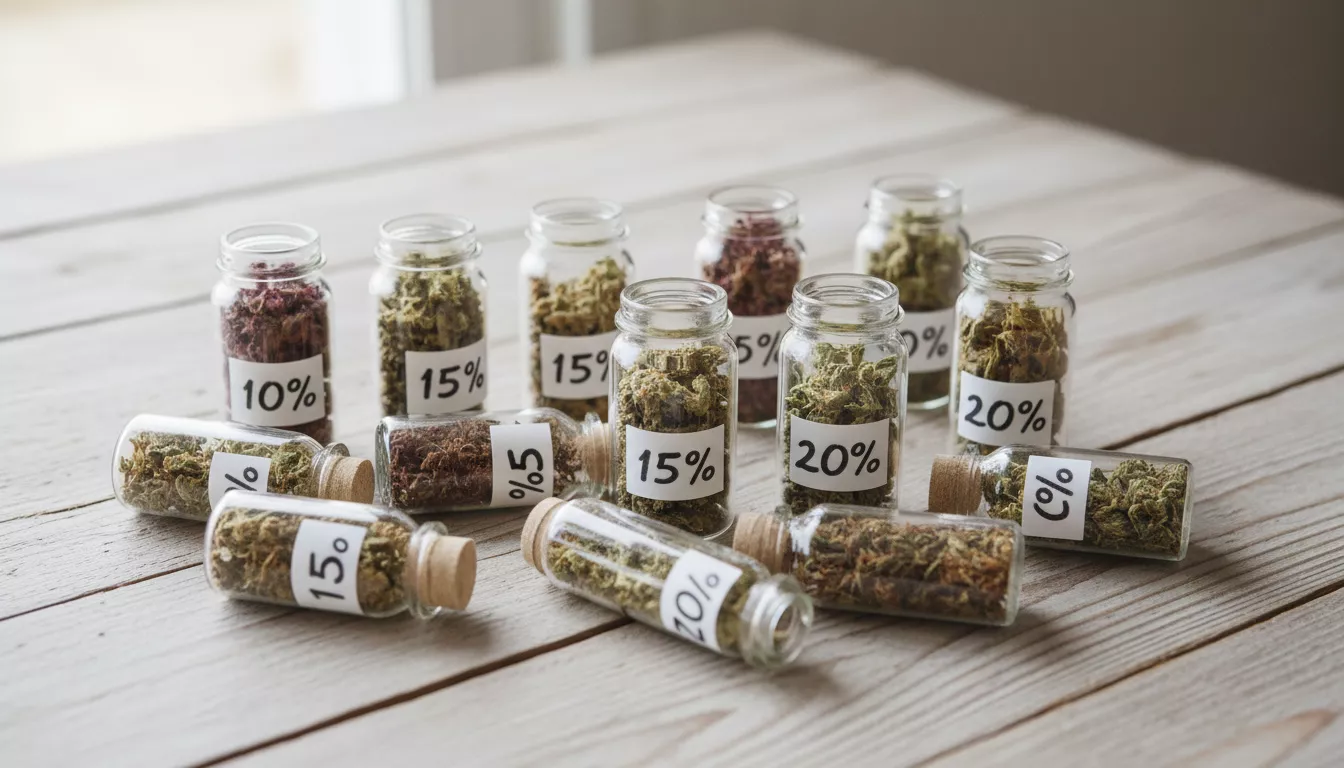 Plusieurs petits flacons ou pots transparents contenant différentes variétés de fleurs de CBD séchées, étiquetées avec leurs concentrations, sur un fond en bois clair.