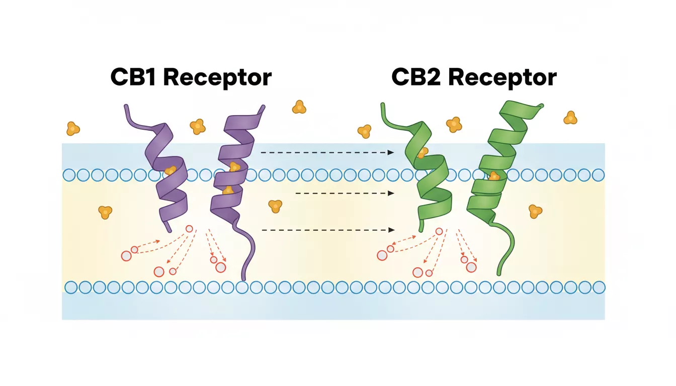 Représentation schématique simplifiée des récepteurs CB1 et CB2 sur une membrane cellulaire, avec des endocannabinoïdes se liant à eux.