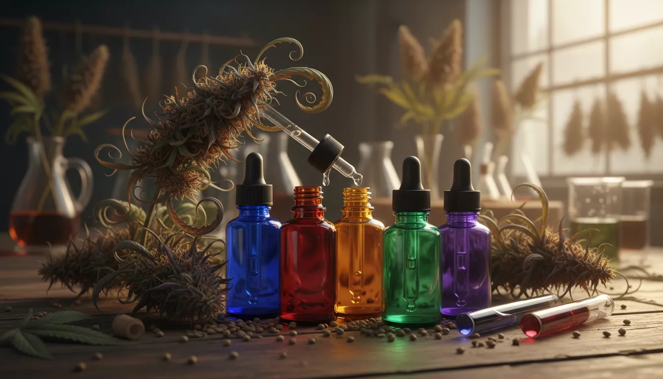 Un arrangement artistique de différentes fleurs de chanvre séchées, mises en valeur par des flacons d'huiles essentielles colorées, suggérant l'extraction et la diversité des arômes naturels.