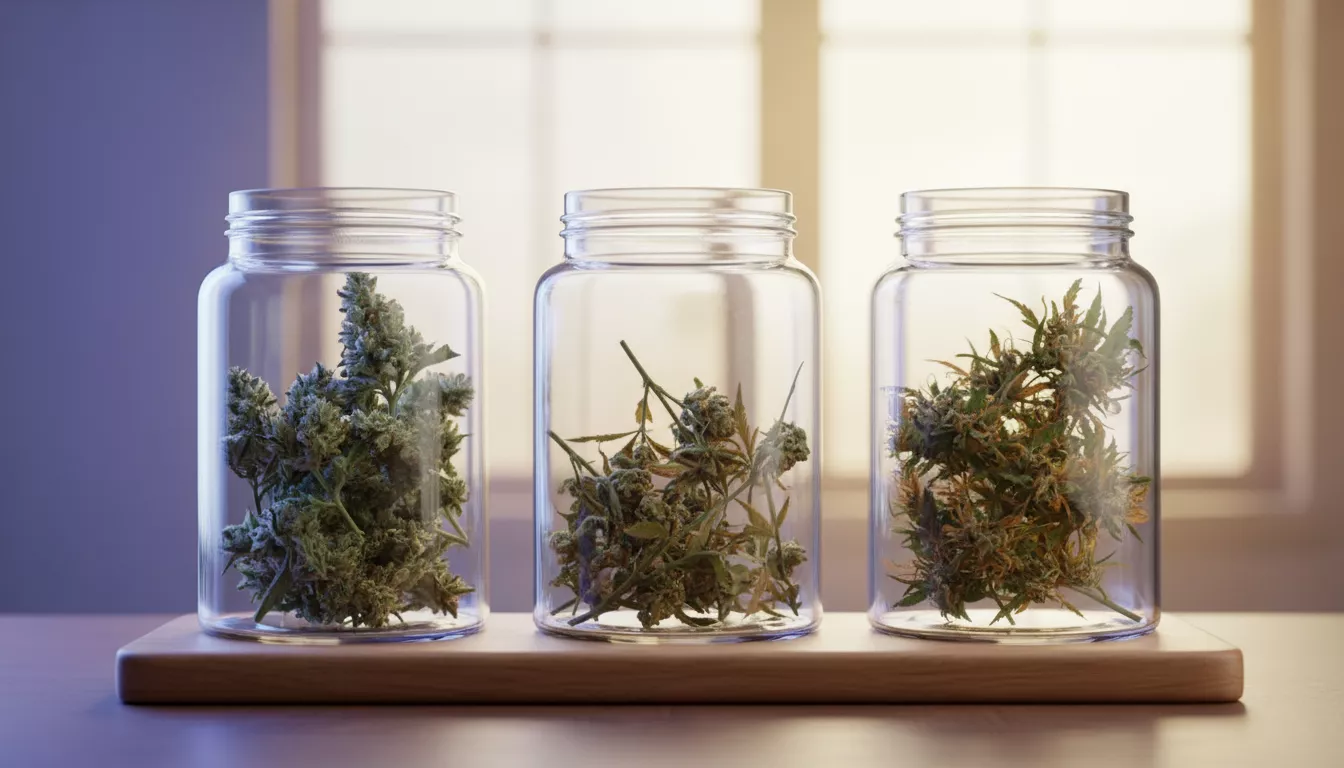 Un arrangement conceptuel de trois bocaux en verre, chacun contenant des fleurs de CBD de couleurs et de textures légèrement différentes, symbolisant les méthodes de culture indoor, outdoor et greenhouse, avec un éclairage varié en arrière-plan.