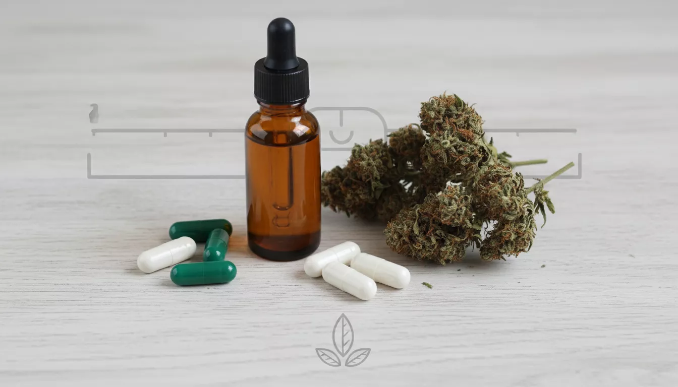 Un assortiment de différentes formes de CBD, comme une pipette d'huile, des gélules et des fleurs séchées, disposés harmonieusement sur une surface claire, symbolisant la personnalisation du dosage.