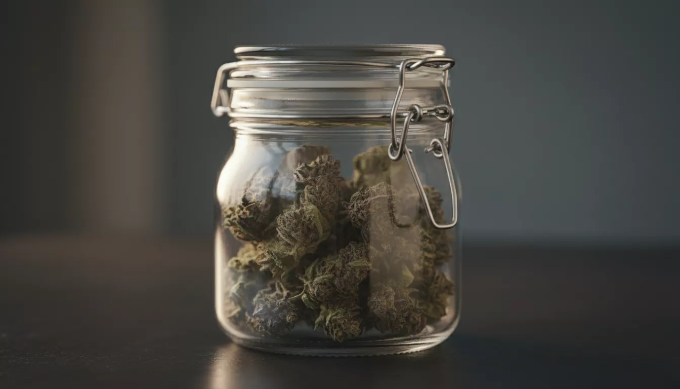 Un bocal en verre hermétique contenant des fleurs de CBD séchées, posé sur une surface sombre, avec une lumière douce mettant en valeur leur texture et leurs trichomes.