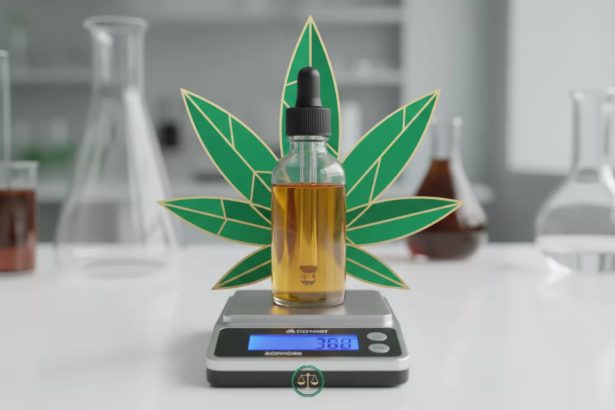 Un flacon d'huile de CBD transparent posé sur une balance de précision avec une feuille de cannabis stylisée en arrière-plan, symbolisant la réglementation et la mesure précise des cannabinoïdes.