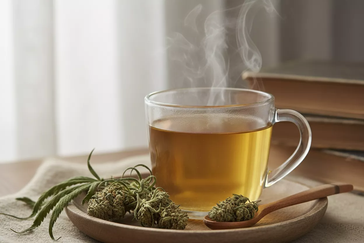 Un gros plan sur une tasse de tisane chaude et fumante avec quelques fleurs de CBD séchées posées délicatement à côté, symbolisant la détente naturelle.