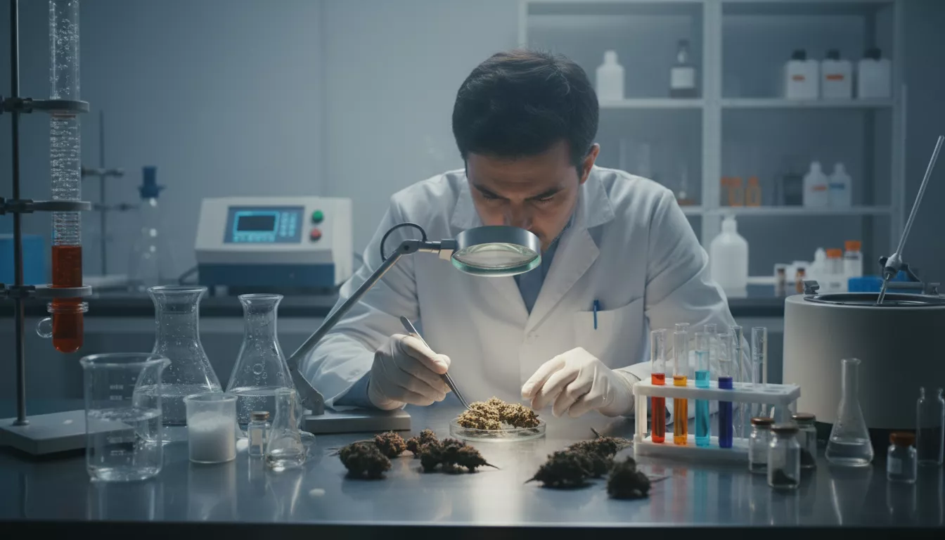 Un scientifique en blouse blanche examinant des échantillons de fleurs de chanvre CBD sous une loupe dans un laboratoire, entouré d'éprouvettes et d'équipements de test.