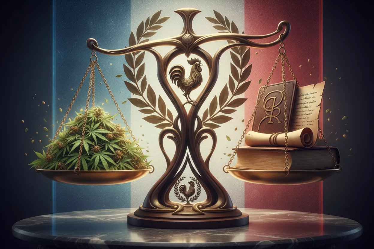 Une balance de justice stylisée avec des feuilles de chanvre sur un plateau et un code juridique sur l'autre, symbolisant la légalité du CBD en France.