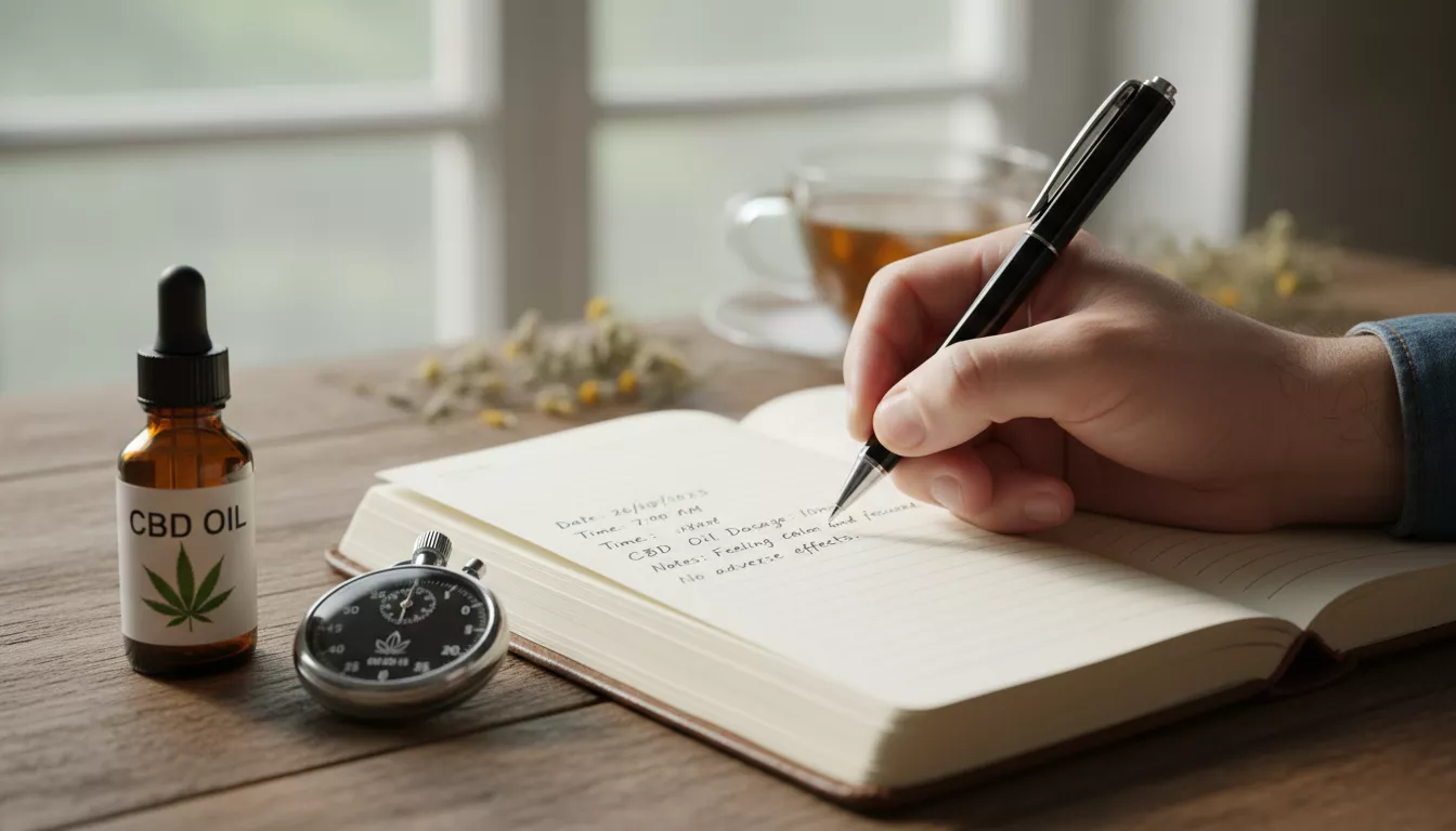 Une main écrivant des notes dans un carnet de bord près d'une fiole d'huile de CBD et d'un chronomètre, symbolisant le suivi attentif du dosage et des effets.