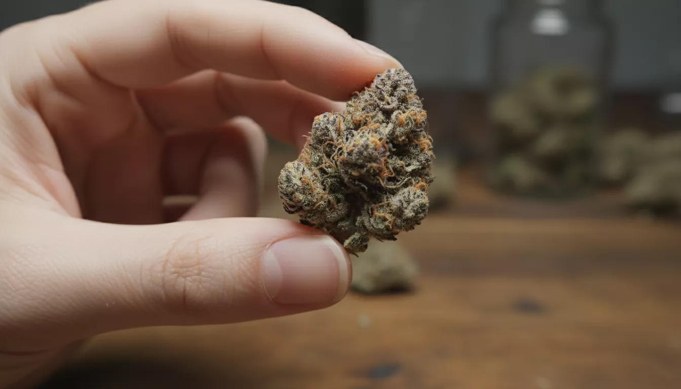 Une main experte examine délicatement une fleur de CBD séchée, mettant en évidence ses trichomes scintillants et sa texture, signe d'une grande qualité aromatique.