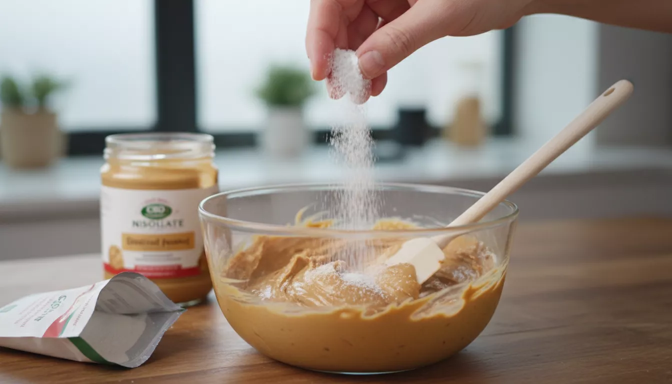 Une main saupoudrant de la poudre d'isolat de CBD sur un mélange de beurre de cacahuète dans un bol en verre, pour une intégration culinaire facile