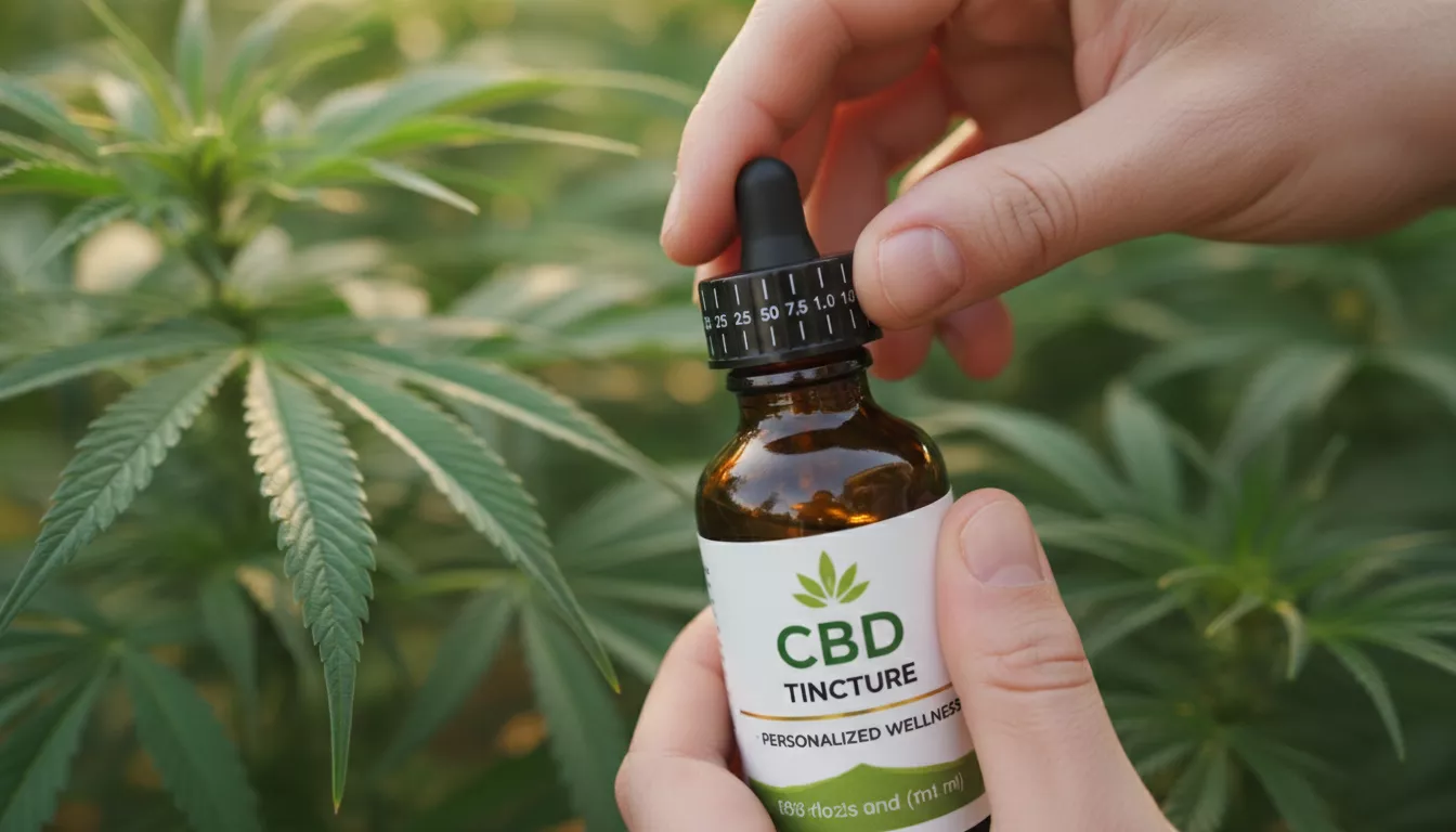 Une personne ajustant un cadran de dosage sur une bouteille d'huile de CBD, avec un arrière-plan flou de plantes de chanvre, illustrant la personnalisation du dosage.