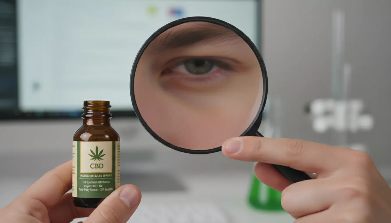 Une personne examine attentivement une étiquette de produit CBD avec une loupe, mettant en évidence la nécessité de vérifier la composition et les certificats.