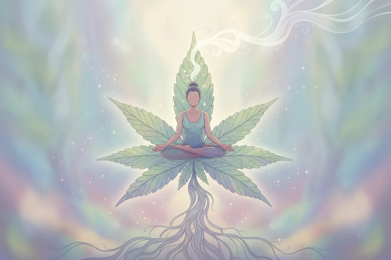 Une personne méditant calmement sur une feuille de cannabis stylisée, dans des tons doux et apaisants, symbolisant la sérénité et la connexion naturelle.