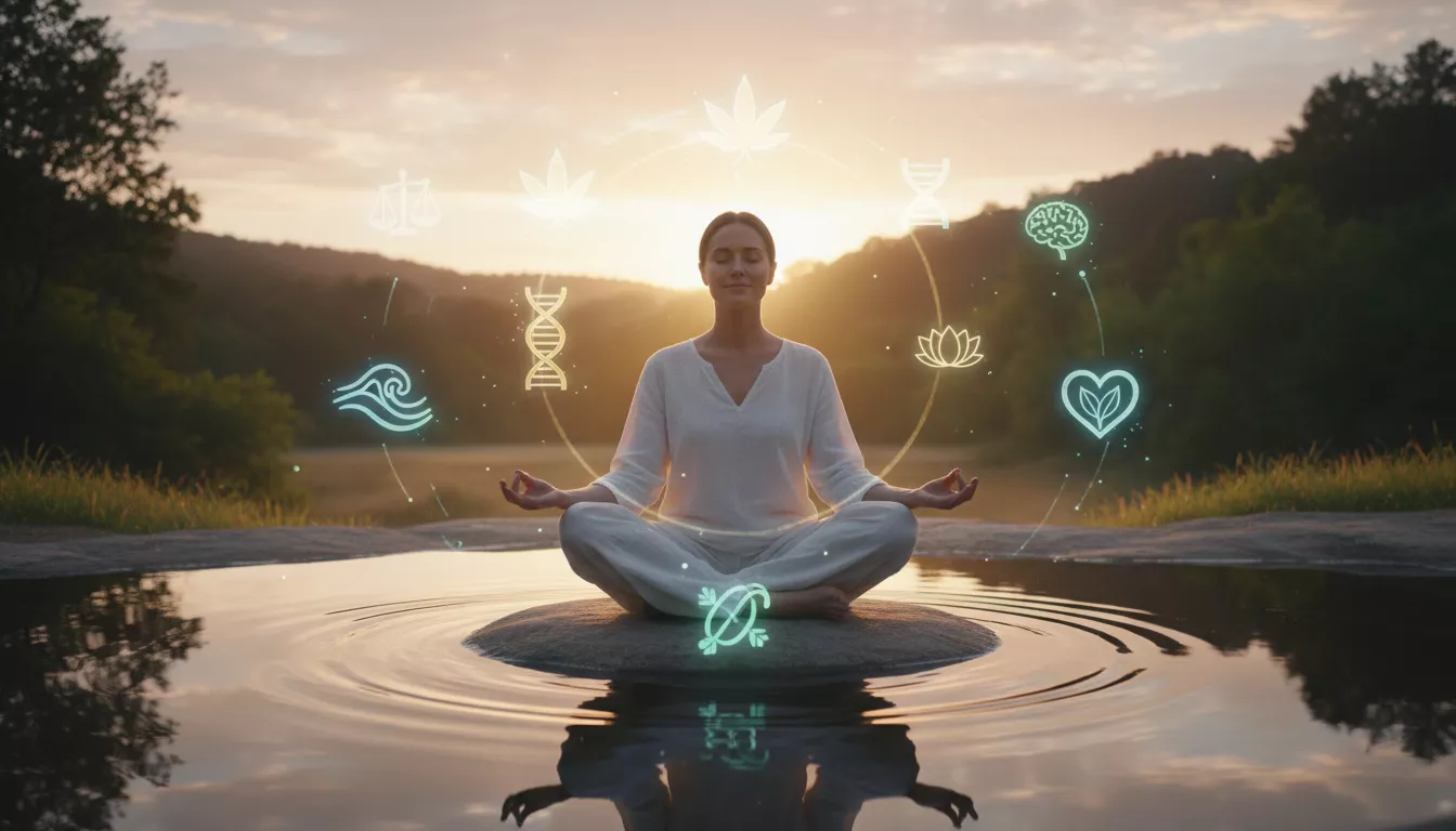 Une personne méditant sereinement avec des symboles de bien-être et d'équilibre flottant autour d'elle, représentant les effets bénéfiques du CBD.