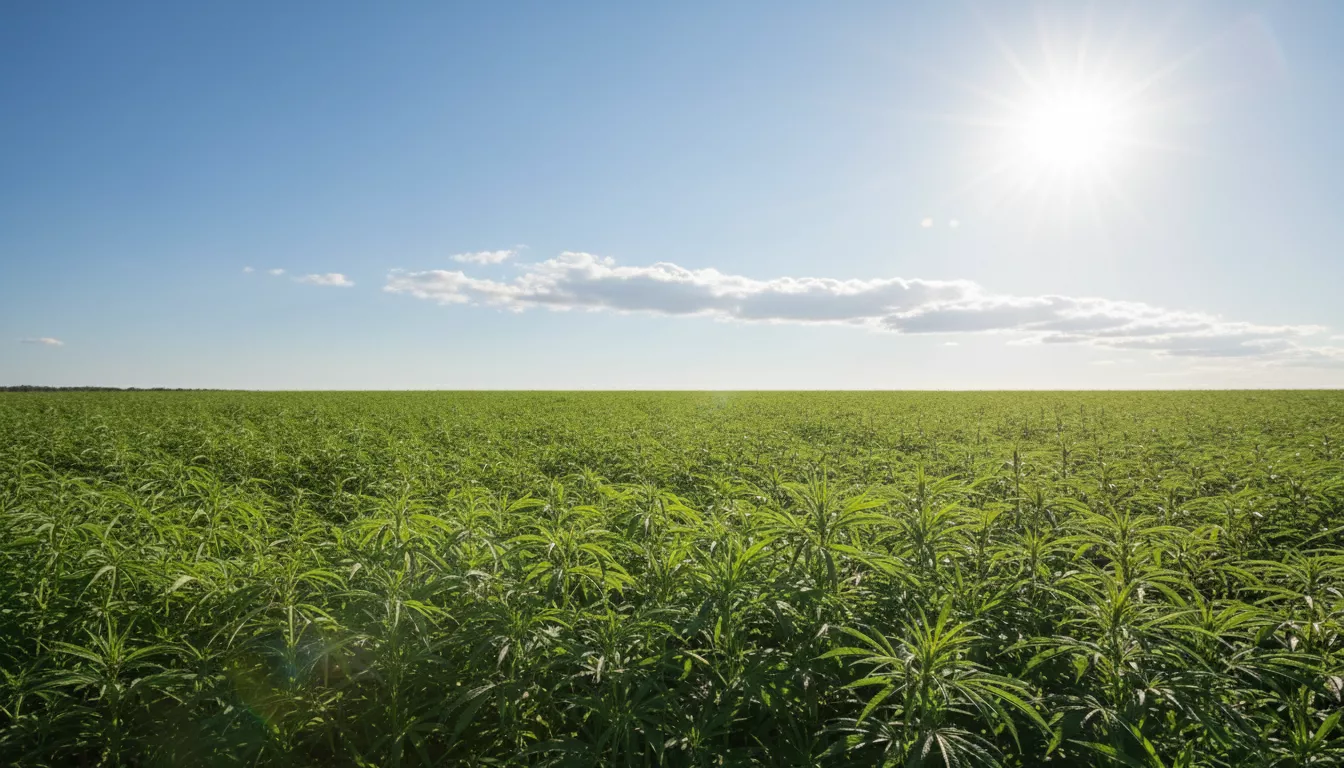 Vaste champ de chanvre industriel verdoyant s'étendant sous un ciel bleu clair, avec le soleil éclatant et quelques nuages lointains.