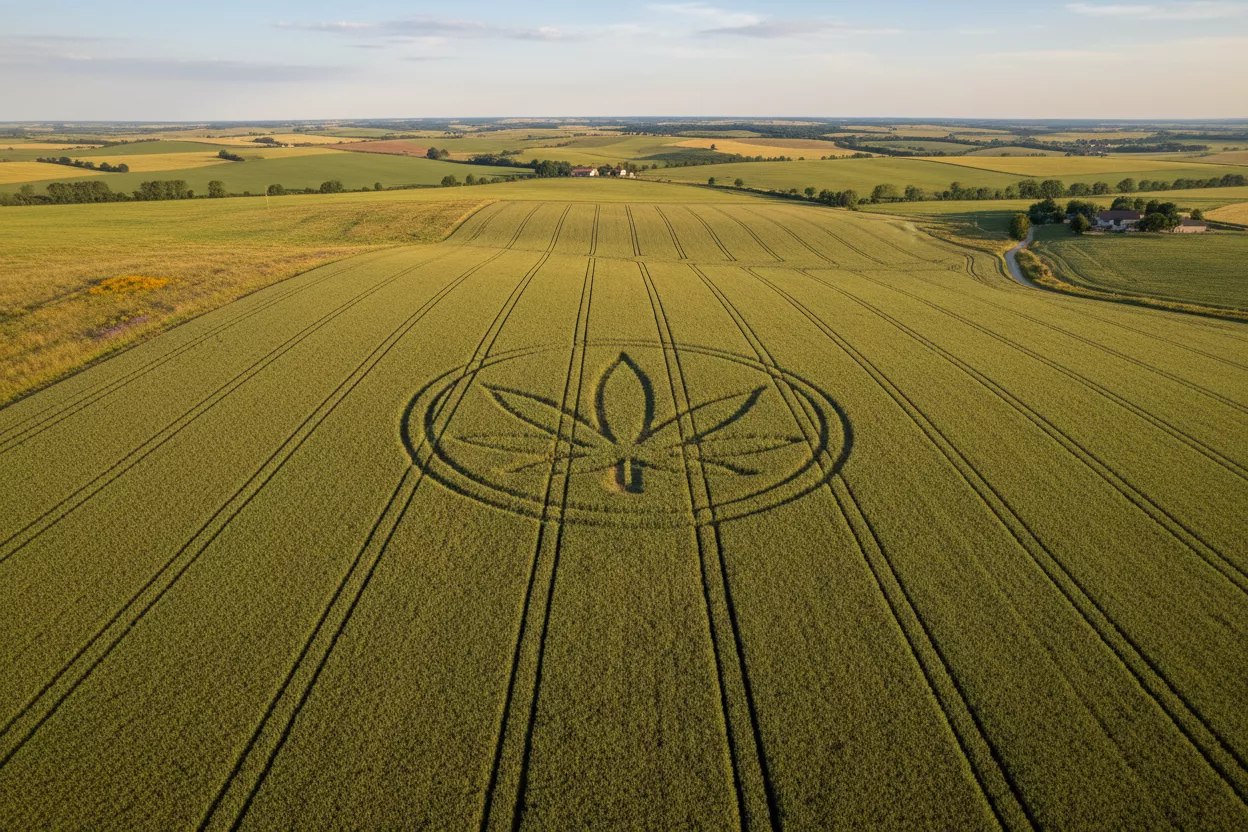 Vue aérienne d'un vaste champ de chanvre cultivé sous le soleil français, symbolisant la production réglementée de CBD.