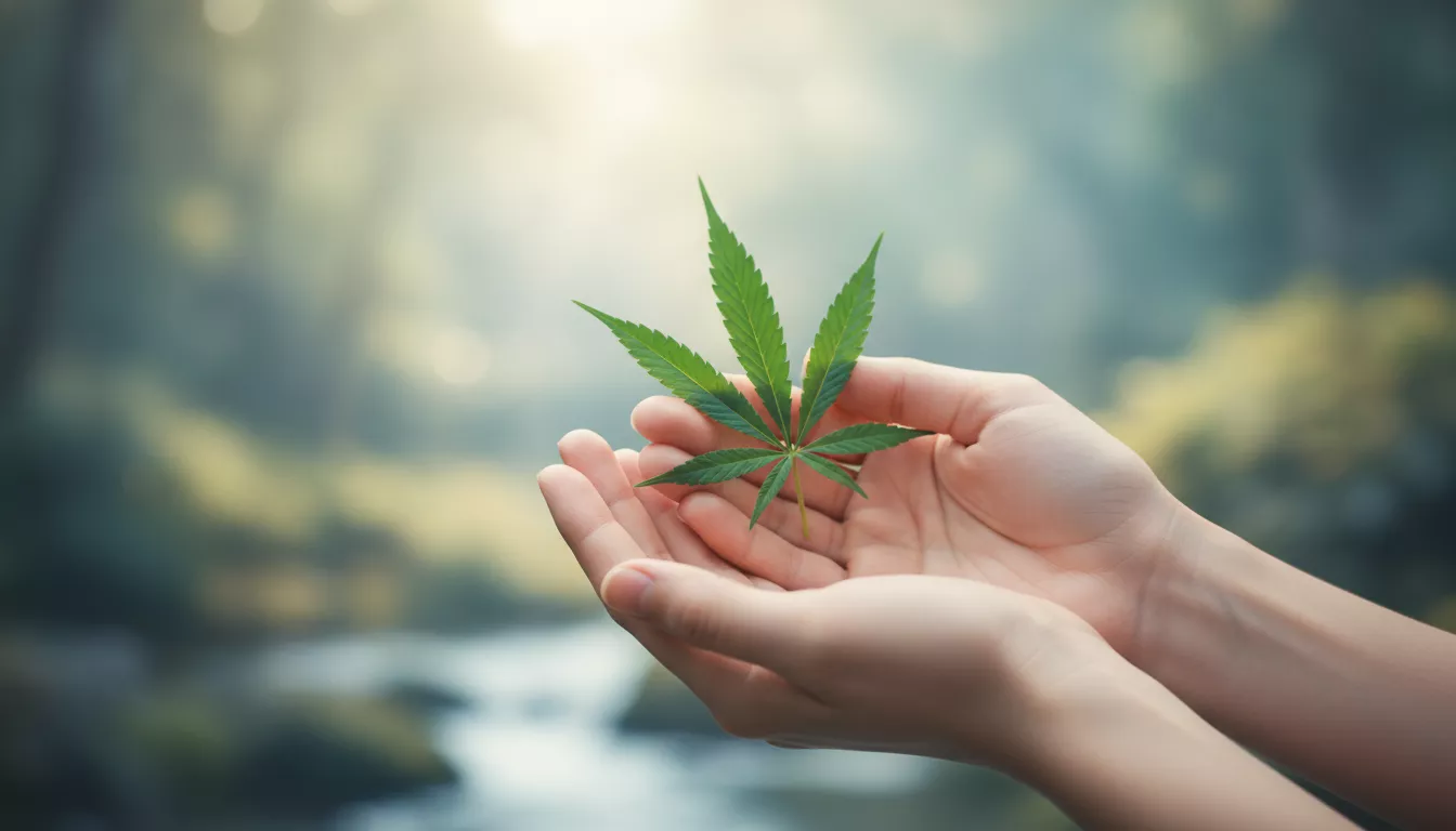 Vue apaisante d'une personne tenant délicatement une feuille de chanvre verte dans ses mains, avec un arrière-plan flou évoquant le soulagement et le bien-être.